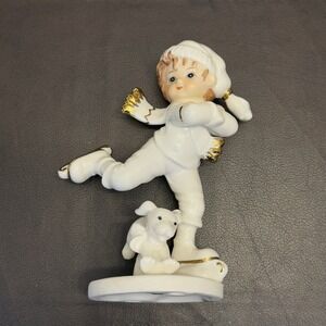 Vintage Ice Skating Boy With‎ Puppy Winter Figurine Home Decor Gold Accents